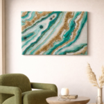 Blue and white geode wall art with gold accents on a soft neutral background, modern luxury wall décor