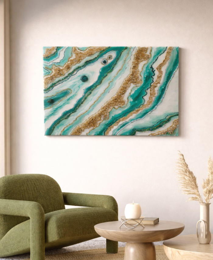 Blue and white geode wall art with gold accents on a soft neutral background, modern luxury wall décor