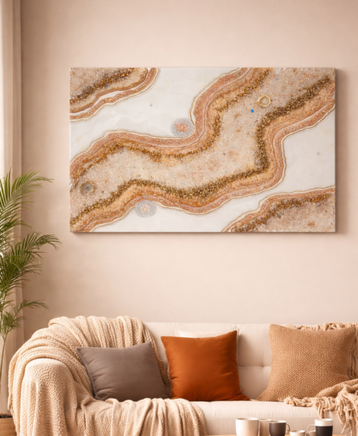 Beige and gold geode wall art with textured crystal design hanging above a sofa in a warm neutral living room