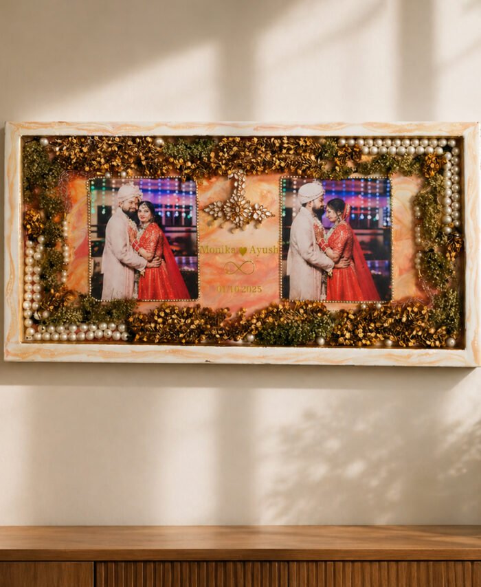 Resin varmala frame with wedding photo, preserved flowers in elegant customized frame