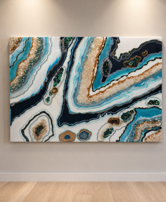 Handmade resin geode wall art with crystal accents and glossy decorative finish for modern home décor