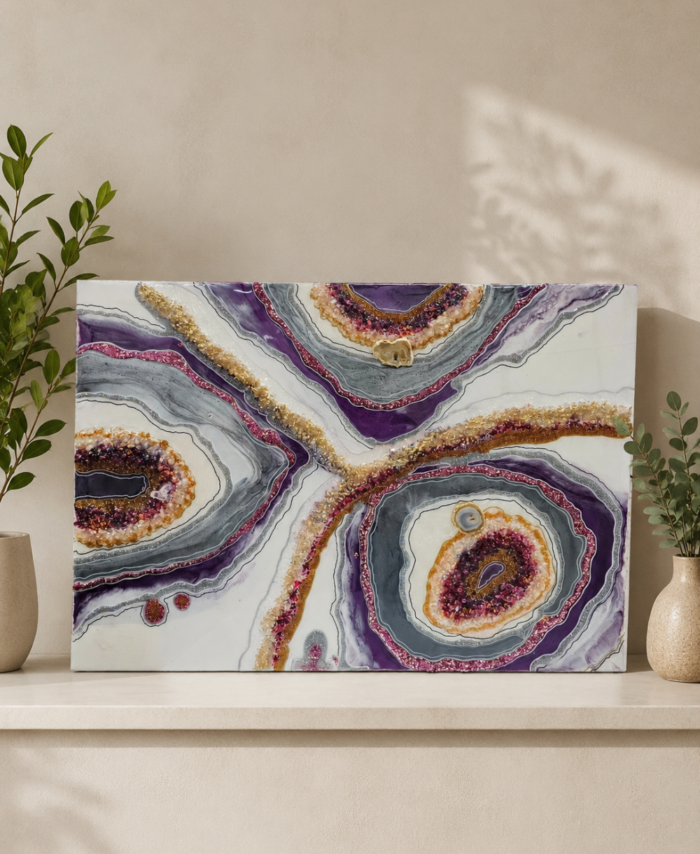 Handmade purple resin geode wall art with crystal texture, grey marble detailing, and gold accents for modern luxury wall décor