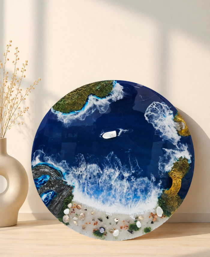 Handmade resin ocean wall art with blue sea waves and coastal design for home decoration
