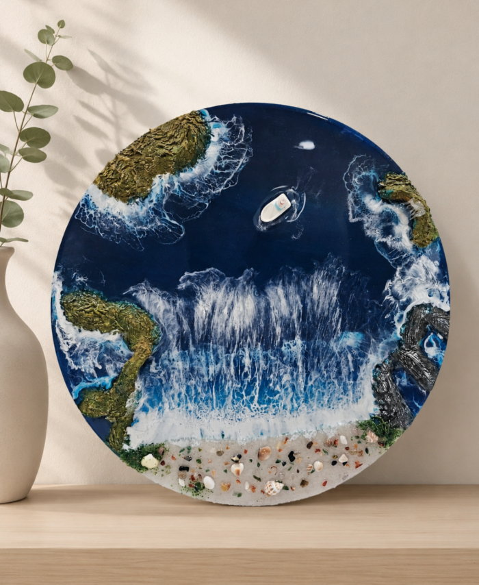 Handmade resin ocean wall art with blue sea waves and coastal design for home decoration
