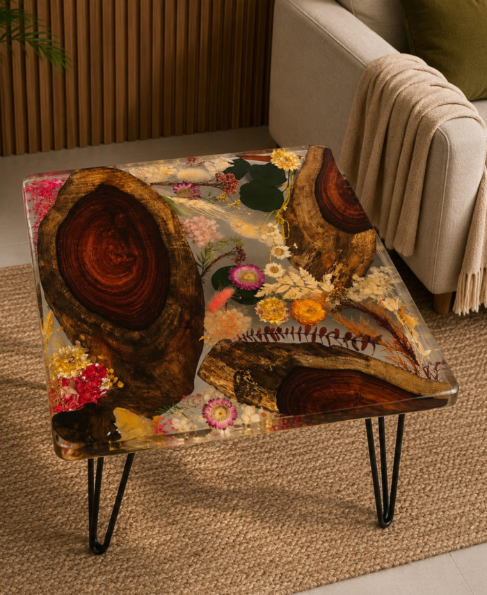 Handcrafted river table with resin river design and wooden legs for modern home decor