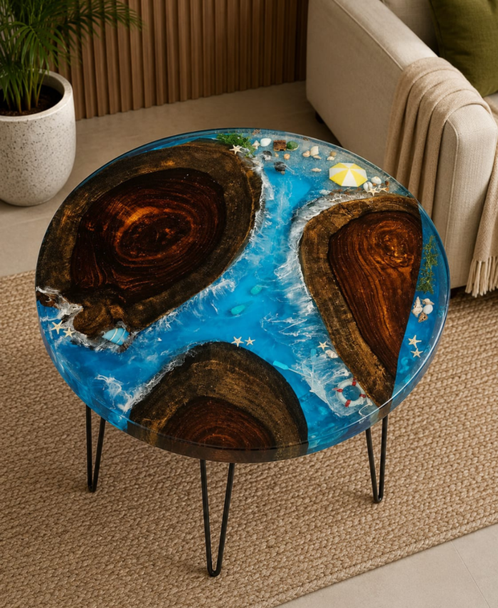 Handcrafted ocean river resin table with wooden legs for modern home decor