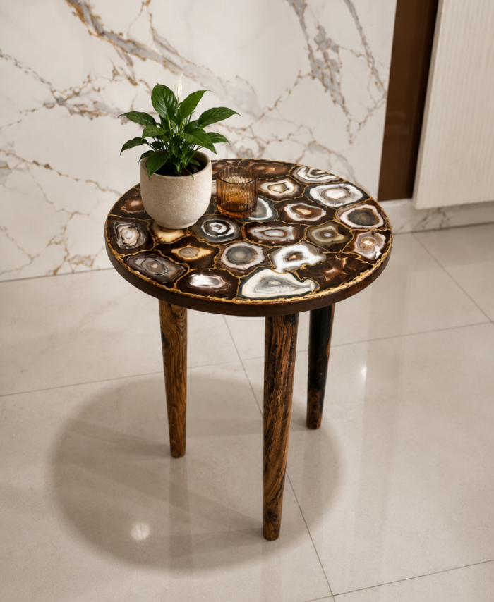 Handcrafted pebble resin table with wooden legs for modern home decor and living room furniture