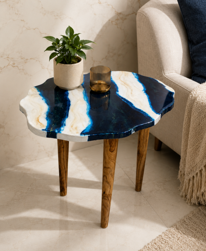 Handcrafted marble resin side table with wooden legs for living room home decor