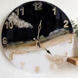 Handcrafted black and white marble resin wall clock with gold details for modern home decor