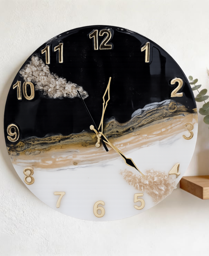 Handcrafted black and white marble resin wall clock with gold details for modern home decor