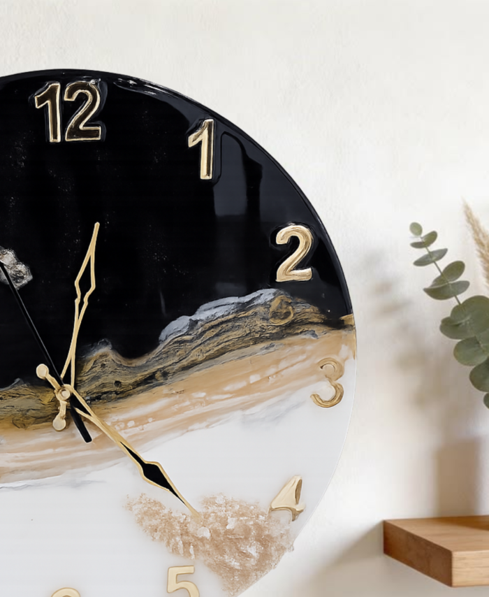 Handcrafted black and white marble resin wall clock with gold details for modern home decor
