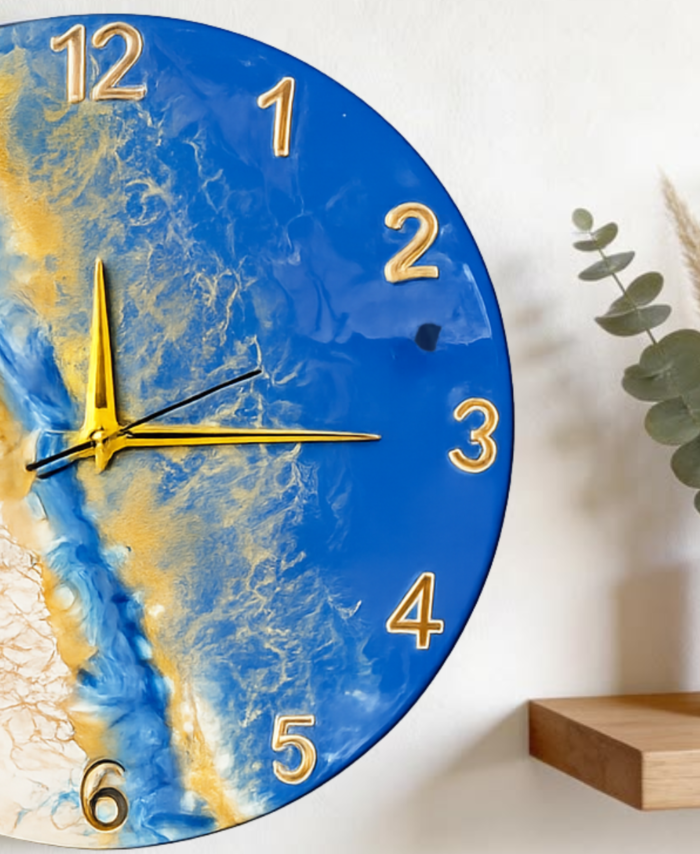 Handcrafted marble resin wall clock with ocean blue design and golden numbers for home wall decor