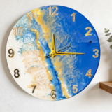Handcrafted marble resin wall clock with ocean blue design and golden numbers for home wall decor