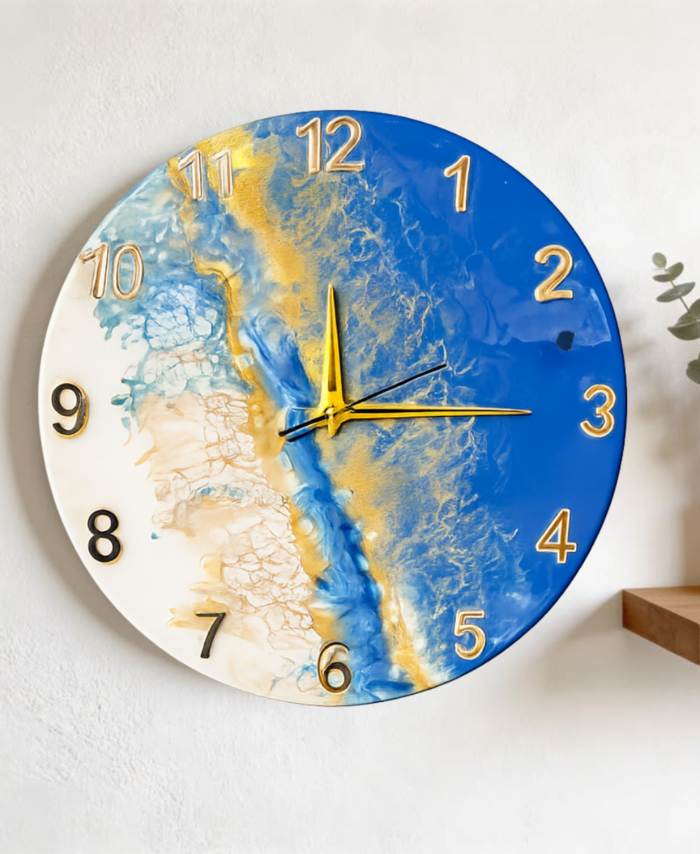 Handcrafted marble resin wall clock with ocean blue design and golden numbers for home wall decor