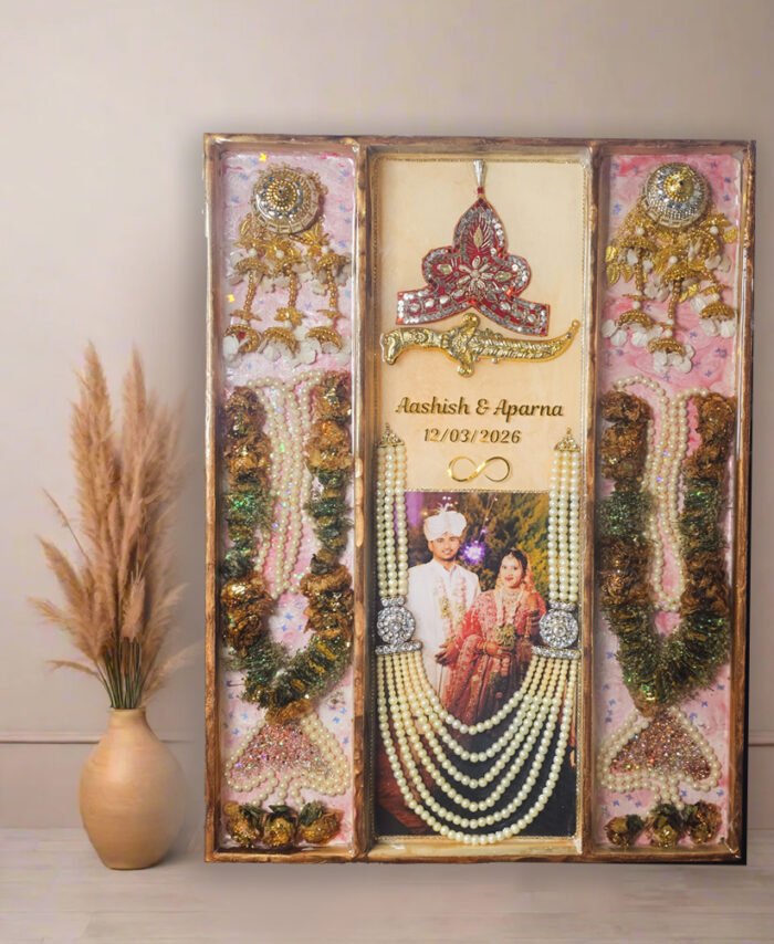 Customized wedding floral preservation frame with preserved bridal bouquet flowers and personalized wedding keepsake design.