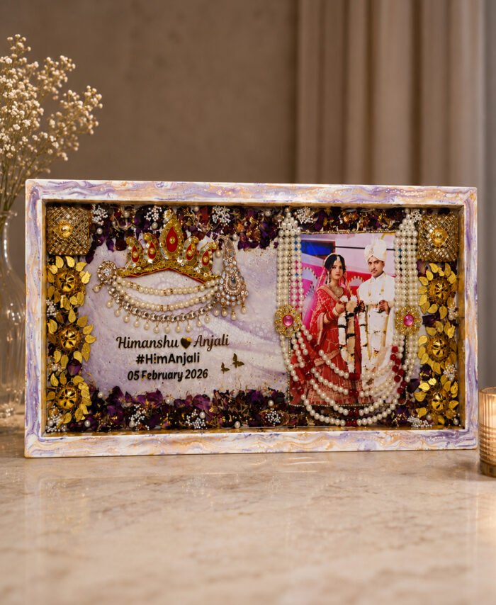 Customized wedding floral preservation varmala frame with preserved wedding flowers and couple name design