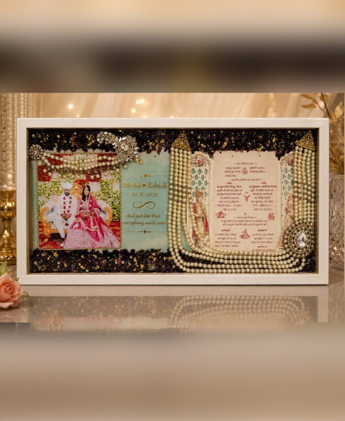 Customized varmala preservation frame made with real wedding flowers preserved in elegant display frame