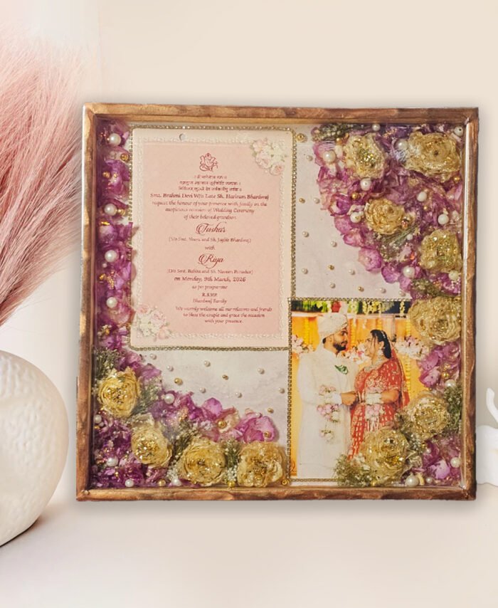 Customized wedding garland preservation frame with preserved varmala flowers and couple name design