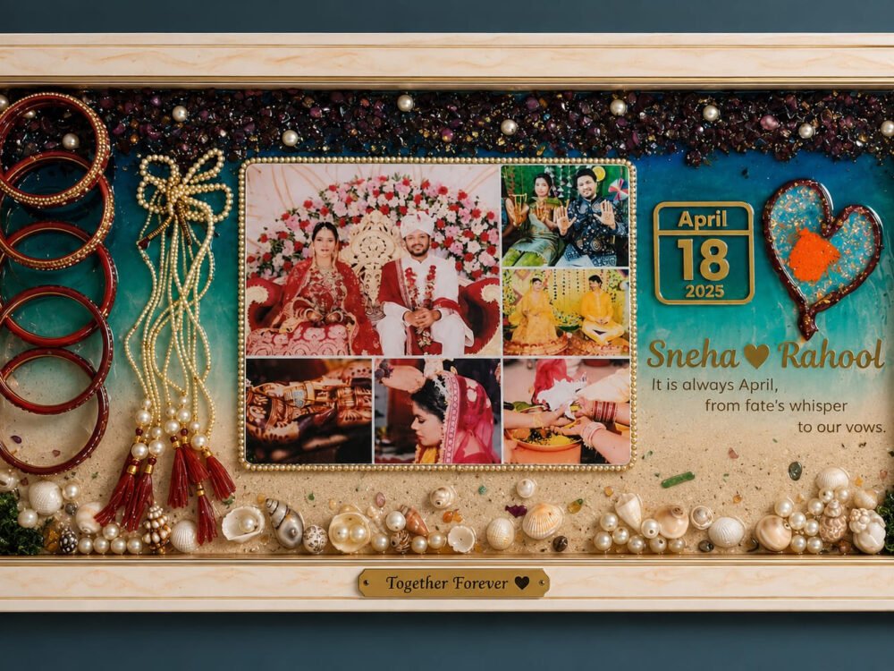 Customised wedding flower preservation frame with preserved varmala flowers and elegant resin artwork.