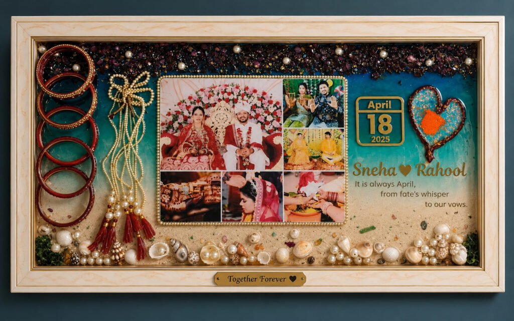 Customised wedding flower preservation frame with preserved varmala flowers and elegant resin artwork.