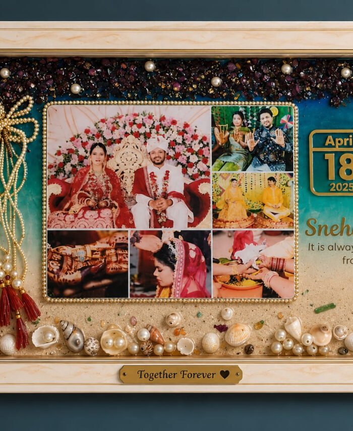Customised wedding flower preservation frame with preserved varmala flowers and elegant resin artwork.
