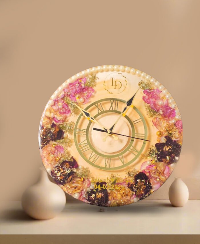 Handmade wedding flower preservation resin wall clock with real preserved varmala flowers.