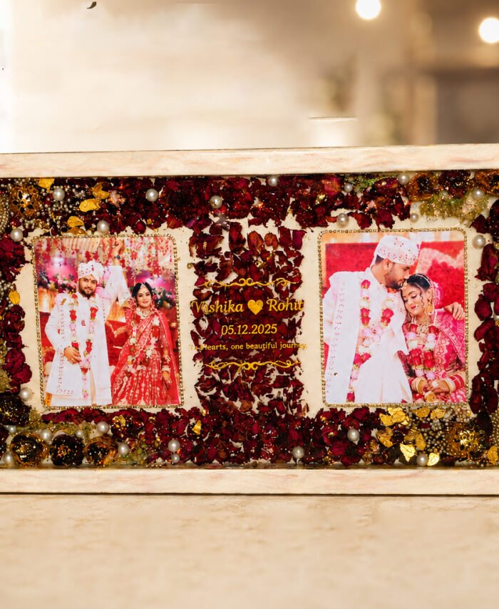 Customised resin varmala frame with preserved wedding flowers and couple photo
