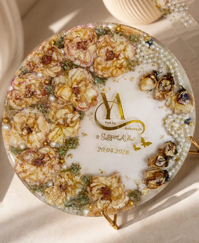 Custom wedding flower preservation frame made with real varmala flowers in elegant handmade design