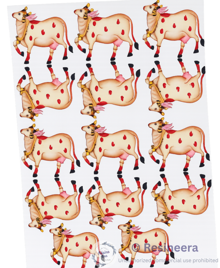 A4 Pichwai Cow UV DTF Sticker Sheet with traditional Indian cow artwork for resin art, glass, acrylic, wood, and DIY craft projects.