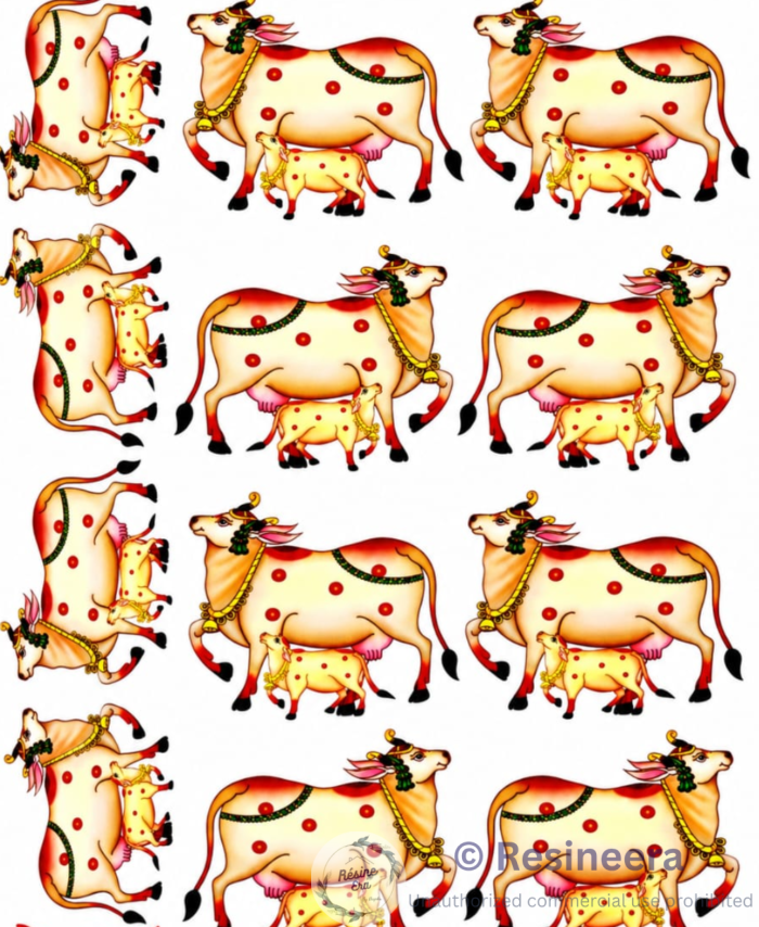 Cow DTF sticker sheet with sacred cow, calf, and Swastik designs for home décor and vehicle decoration.