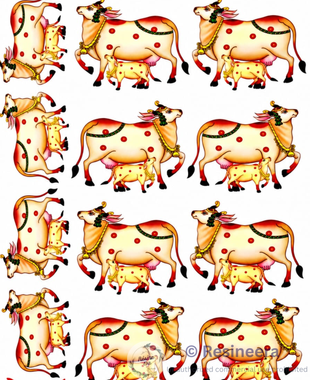 Cow Dtf Sticker Cow DTF sticker sheet with sacred cow, calf, and Swastik designs for home décor and vehicle decoration.