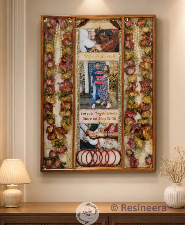 Wedding flower preservation frame with preserved varmala flowers in custom resin artwork displaying wedding memories and keepsakes.
