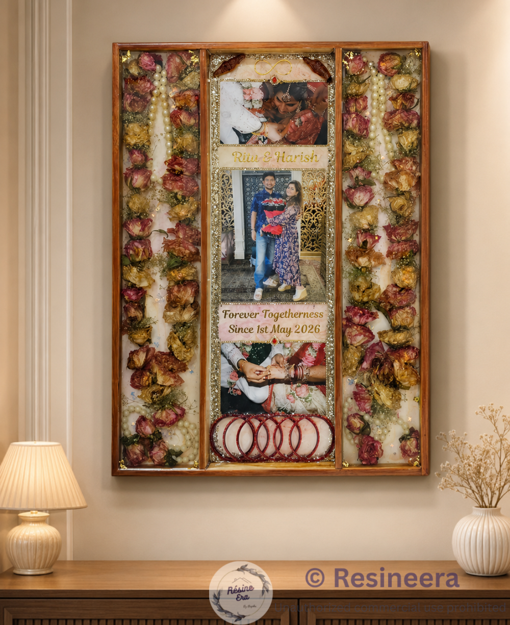 Floral preservation Wedding flower preservation frame with preserved varmala flowers in custom resin artwork displaying wedding memories and keepsakes.