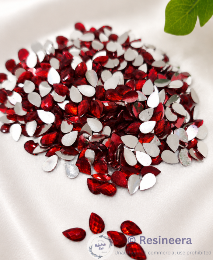 Red tilak shape flat back acrylic beads for embroidery, DIY craft, jewellery making, and festive decoration.