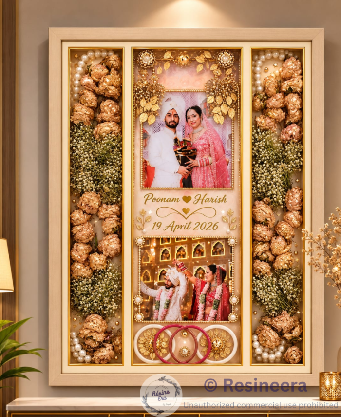 Wedding Flower Preservation Varmala Preservation Frame featuring preserved wedding flowers arranged in a custom handcrafted resin and frame design.