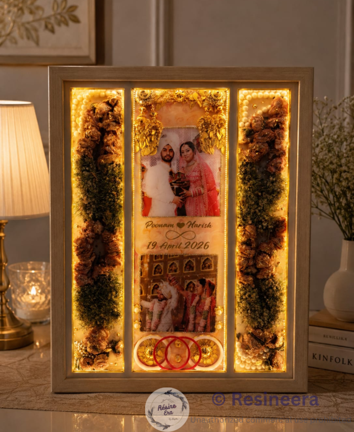Varmala Preservation with LED Light Frame featuring preserved wedding flowers in a customized wedding floral preservation keepsake display.