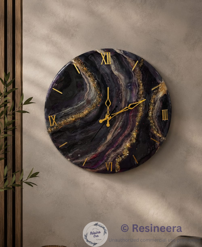 Luxury handmade resin wall clock with black, purple, and gold geode art design featuring gold Roman numerals for modern home décor.