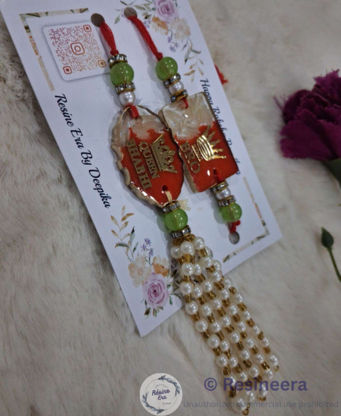 Blue resin Rakhi with colourful beads and decorative details