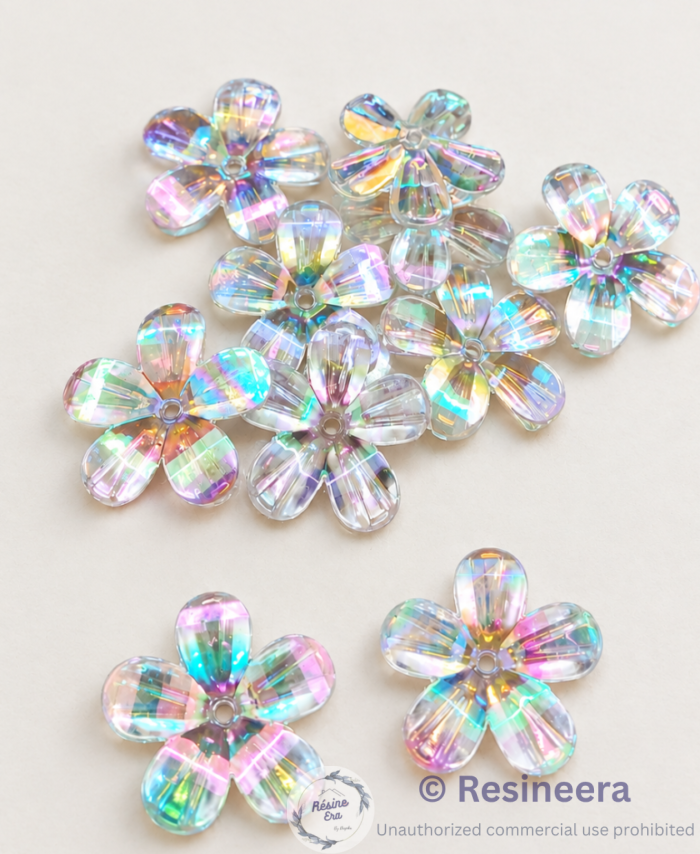Holographic daisy flower embellishments with colorful reflective finish