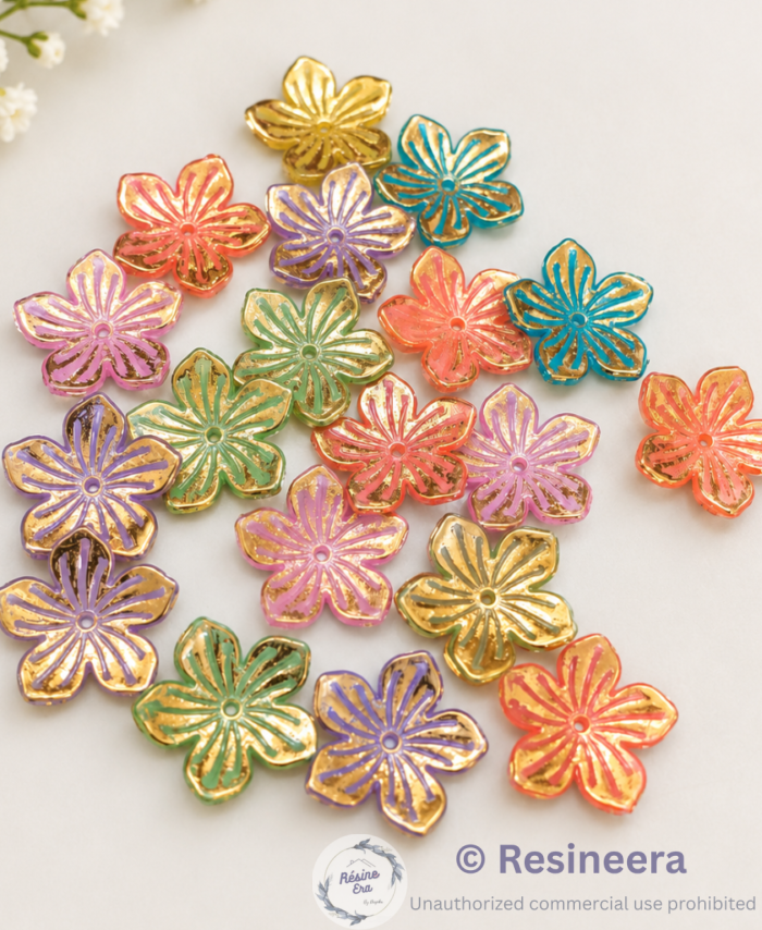 Multi colour acrylic flowers with golden detailing for resin art and DIY crafts