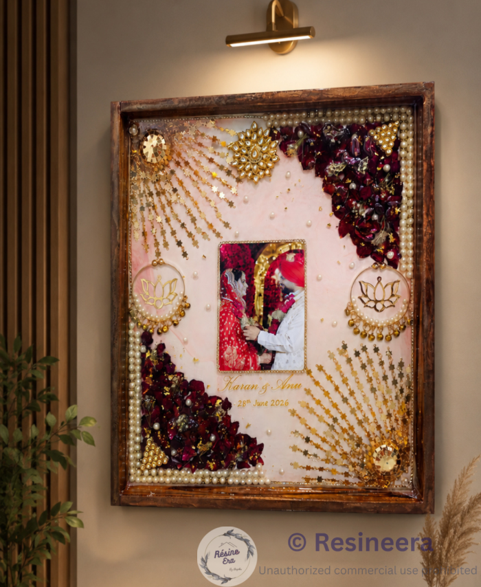 Customized wedding resin flower preservation frame with preserved flowers, wedding photo, pearls, and golden decorative details