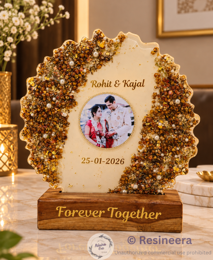 Personalised floral preservation Varmala frame with preserved flowers, wedding photo, names, date and wooden display base
