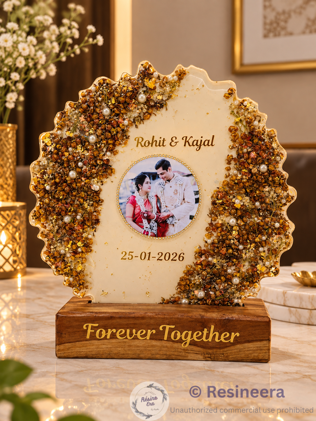 Varamala Preservation Personalised floral preservation Varmala frame with preserved flowers, wedding photo, names, date and wooden display base