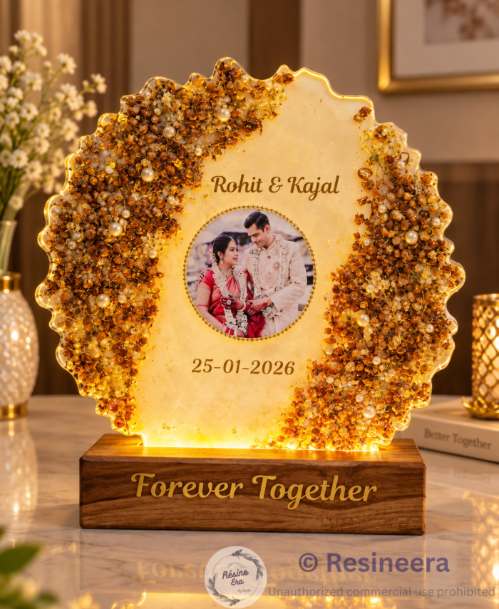 Personalised floral preservation Varmala frame with preserved flowers, wedding photo, names, date and wooden display base