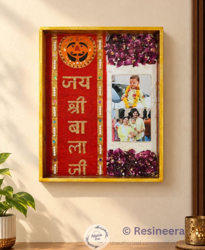 baby photo preservation frame with family photos, preserved flowers, red and golden decorative design