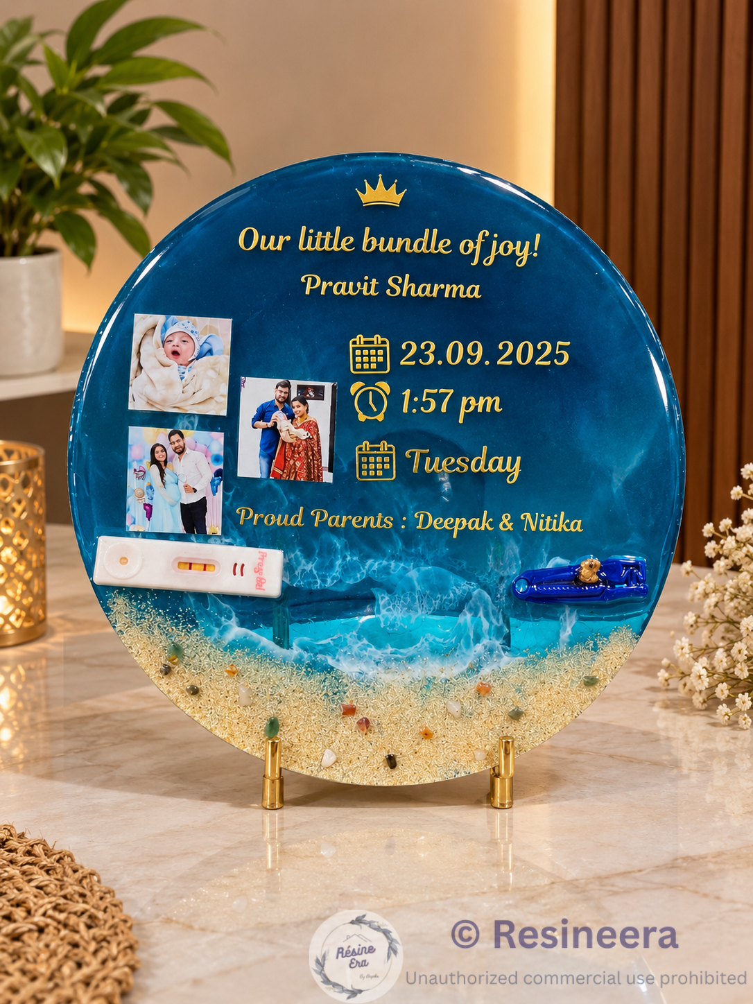 file_000000006Personalized Baby Keepsakef0c8230999112c4e5aa3a8c Personalized blue resin baby keepsake plaque with newborn photos, baby name, birth date, time and parents’ names