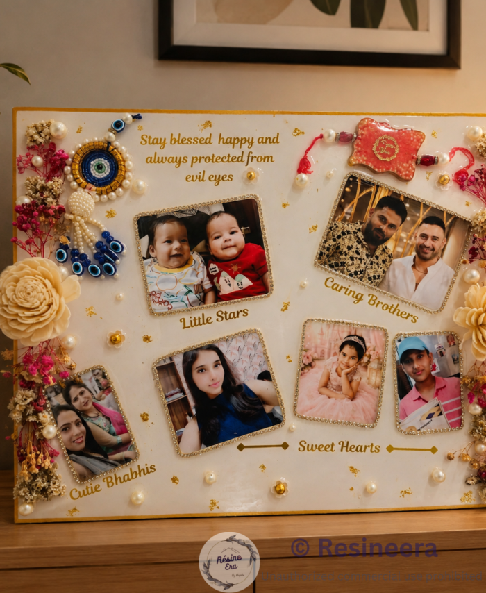 Customized photo preservation frame with family pictures, dried flowers and pearl decorations