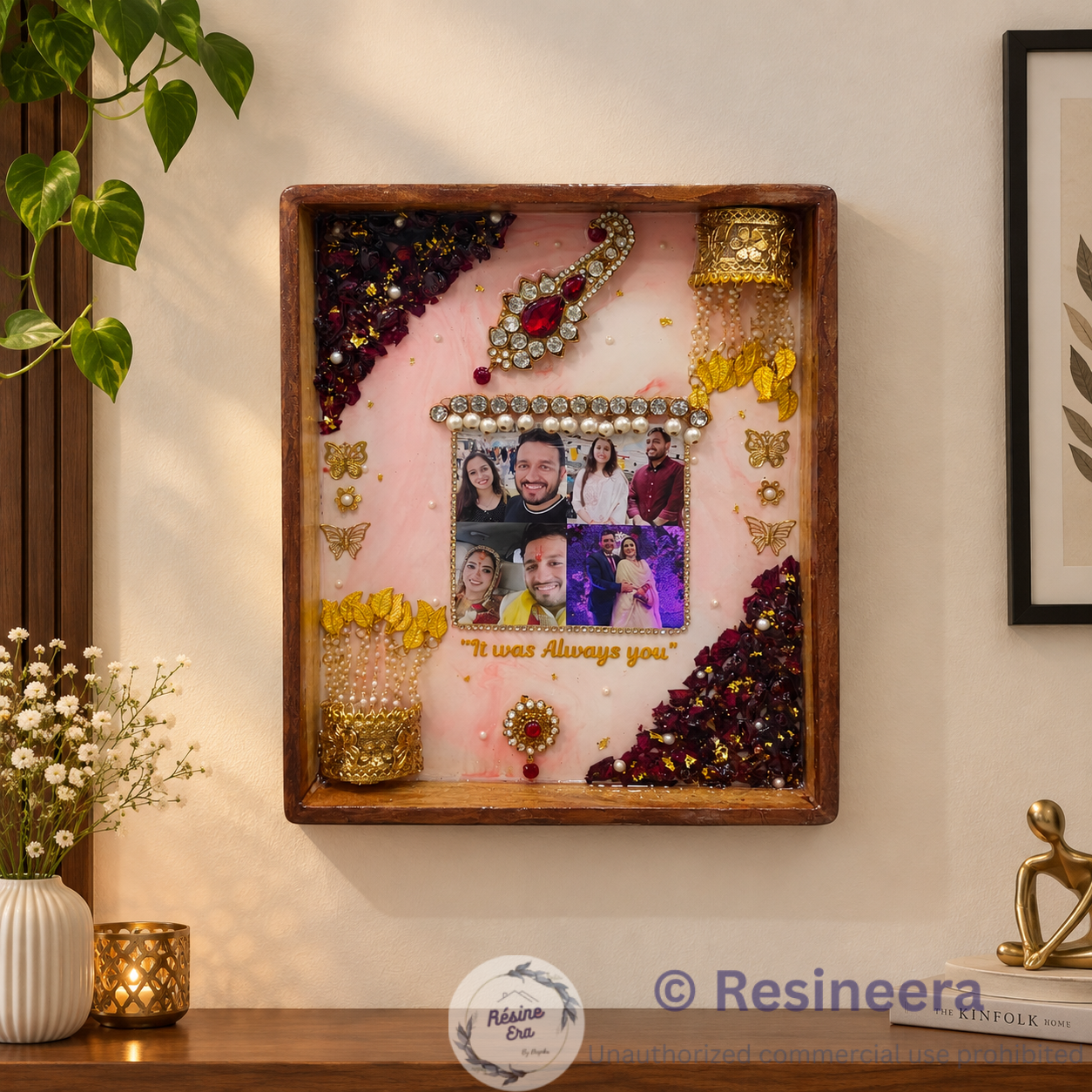 varmala Handcrafted resin flower preservation frame with preserved flowers, photos, and personalized decorative elements