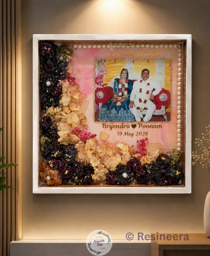 Floral varmala preservation frame with preserved wedding flowers, couple photo, names, and wedding date