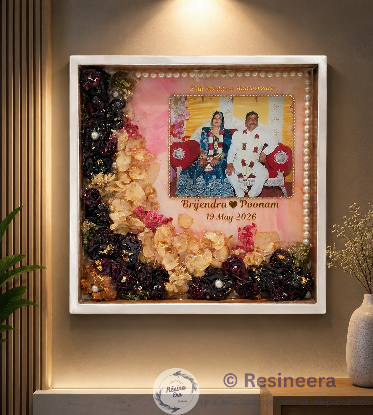 priyanshi varmaala Floral varmala preservation frame with preserved wedding flowers, couple photo, names, and wedding date